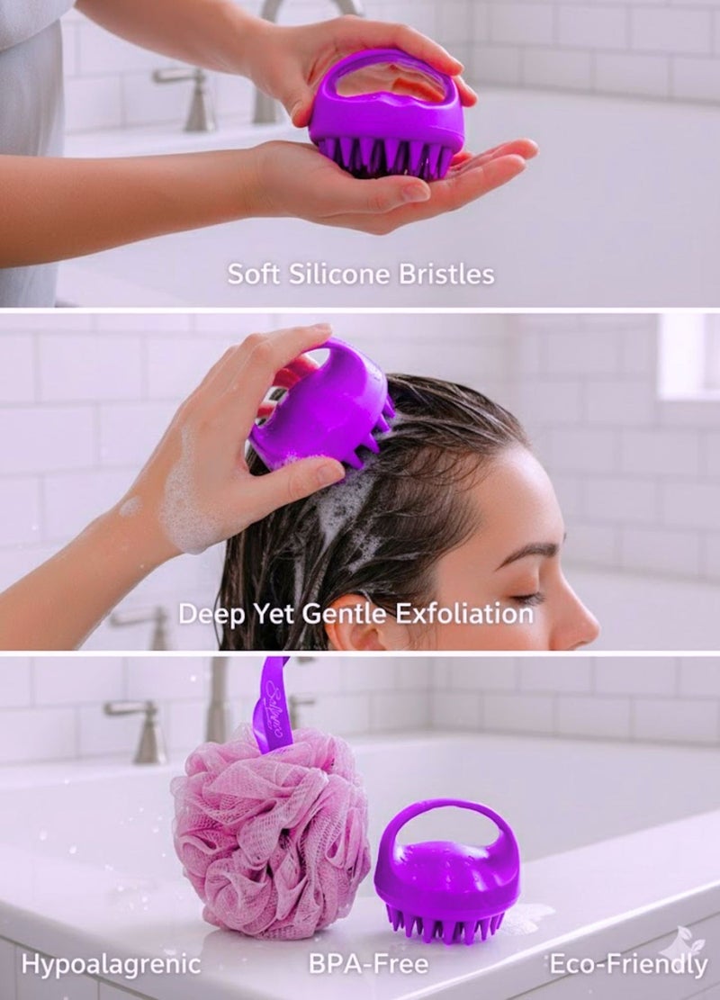 سولاري طقم شامبو وتدليك الليفة وفروة الرأس 2 في 1 – إسفنجة تنظيف الجسم + فروة رأس من السيليكون لإزالة القشرة، إكسسوارات دش نظيفة وعميقة للرجال والنساء (أرجواني) - Image 5